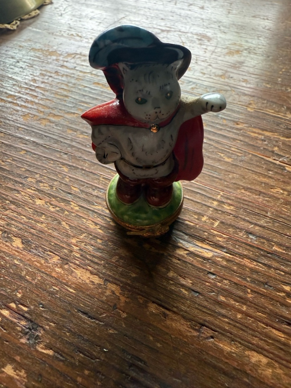 Limoges Porcelain Cat Figurine in Red, Green and Blue Hat